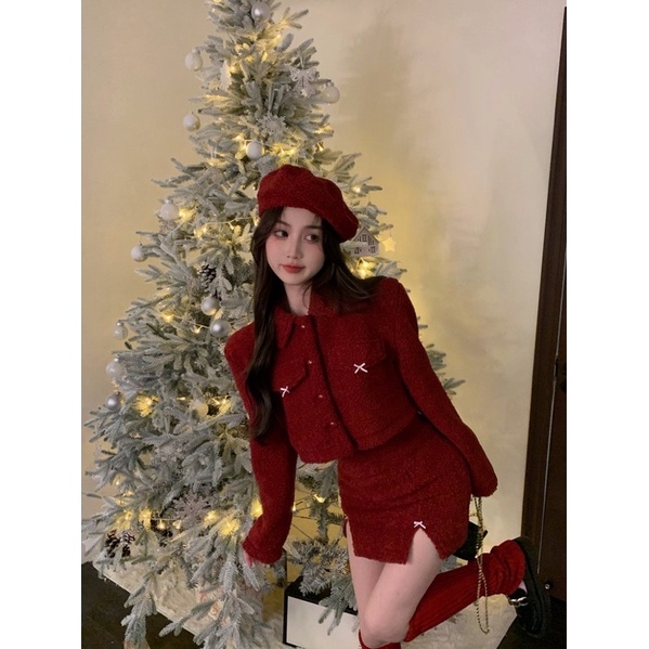 Set áo croptop dạ đỏ đính nơ phối chân váy chữ A nổi bật đi chơi Noel, Tết HanaStore