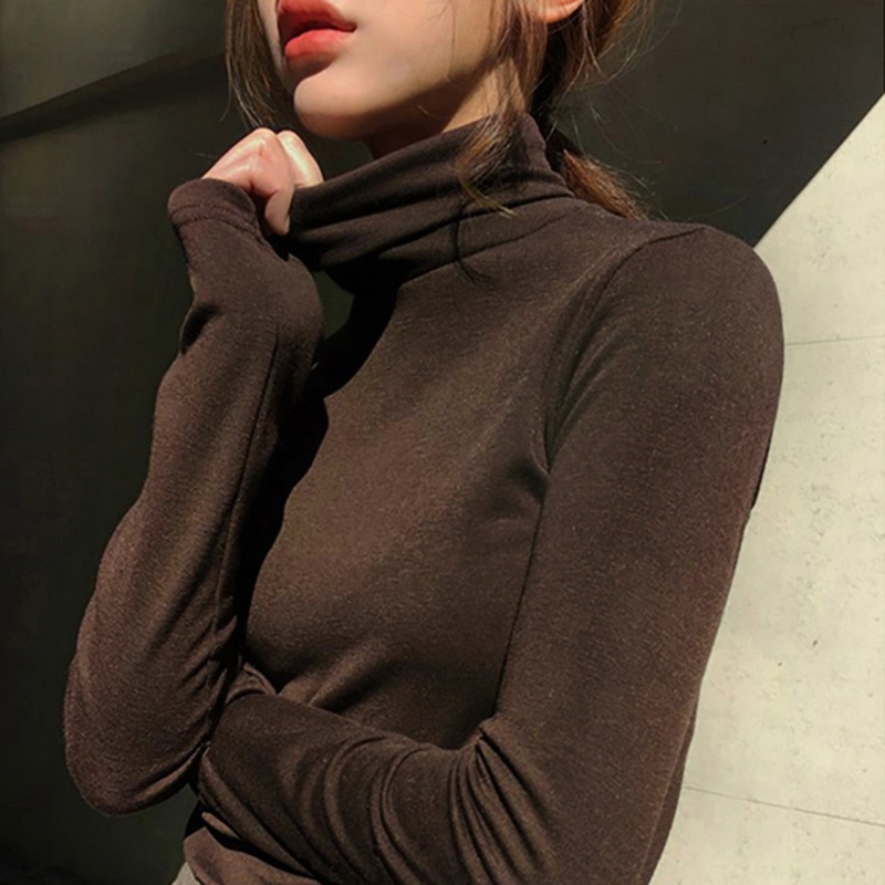 Áo thun SUXI cổ lọ dài tay dáng ôm dễ phối đồ đơn giản phong cách thu đông cho nữ