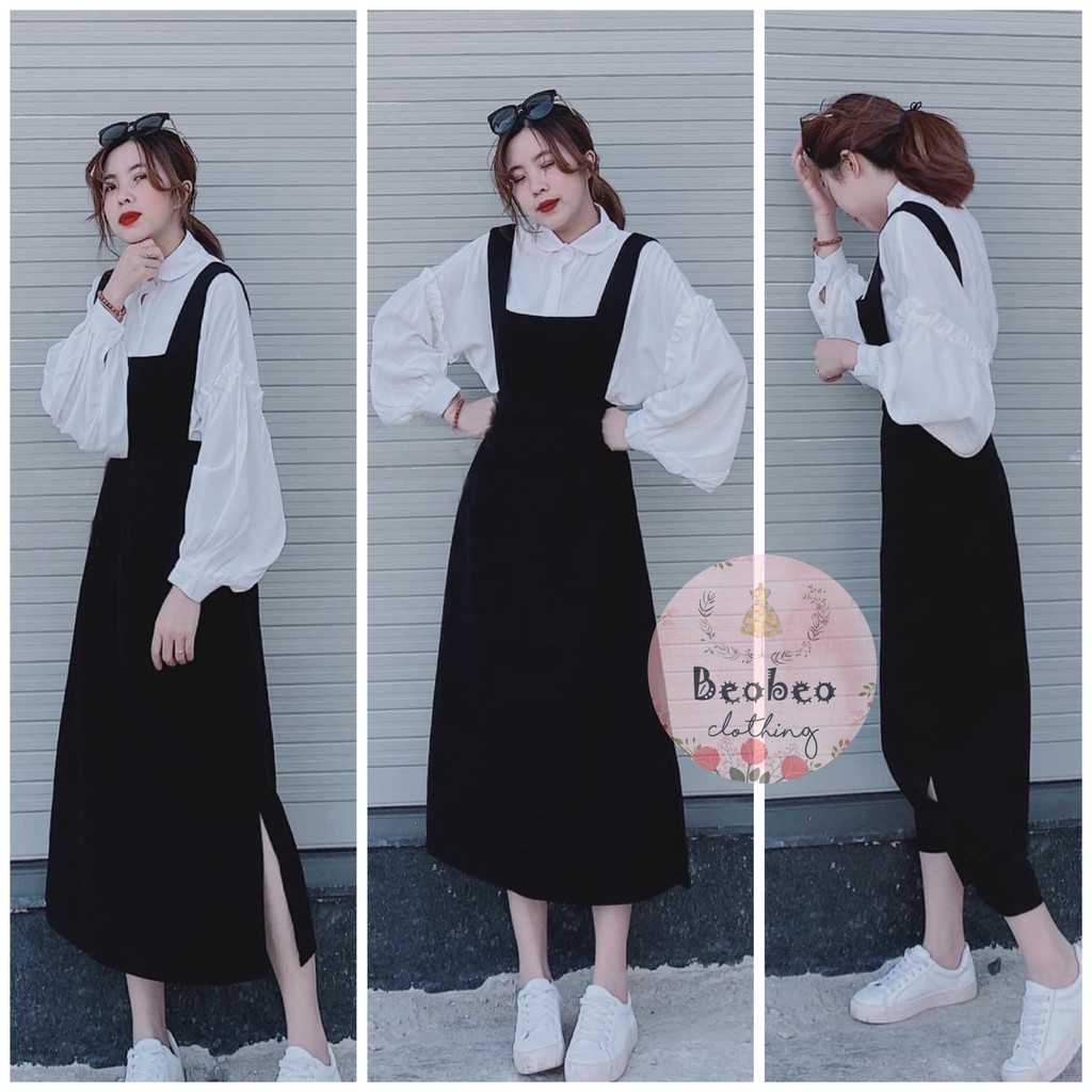 [Ảnh thật] Set áo sơ mi tay bồng kèm yếm đen midi vintage