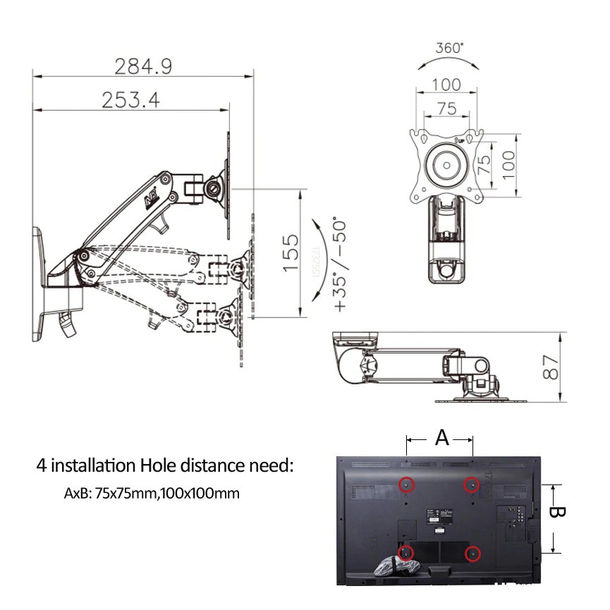 Giá treo tường màn hình máy tính tivi NB F120 xoay 180 độ 17-27 inch