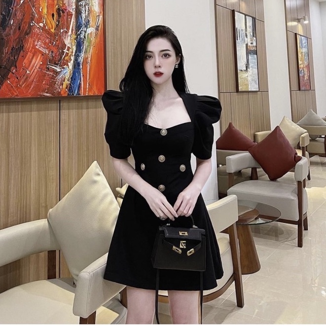 đầm thiết kế,đầm dự tiệc kaki đính cúc dáng suông xinh xắn