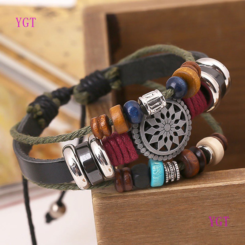 Vòng Tay Da Bò Đính Hạt Phong Cách Bohemian Cổ Điển Thời Trang Cho Nam Và Nữ