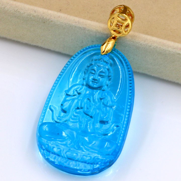Mặt Phật Đại Nhật Như Lai Pha Lê Xanh Lam 3.6cm - Phật bản mệnh tuổi Mùi, Thân - Móc inox - Mặt size nhỏ