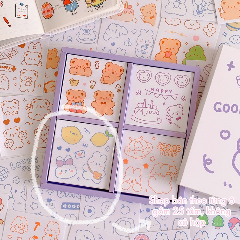 Set 25 Sticker PVC Miếng Vuông Cute Line Arts