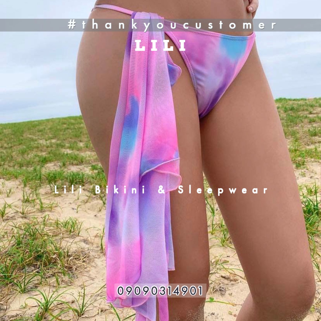 Bộ đồ bơi bikini ba mảnh kèm váy kín đáo màu loang cầu vồng siêu đẹp độc đáo thời trang Hàn Quốc