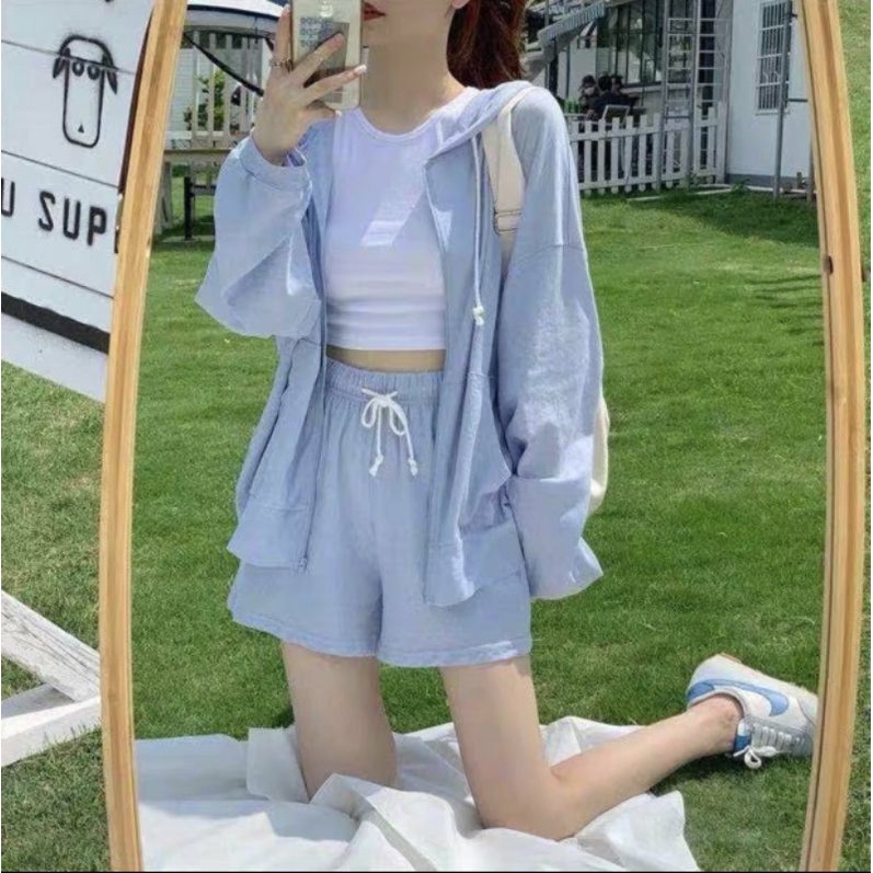 Set Bộ 2 món áo khoác ngoài tay phồng kèm Quần short cộc mặc đôi nhóm, Áo Khóa thời trang thu đông