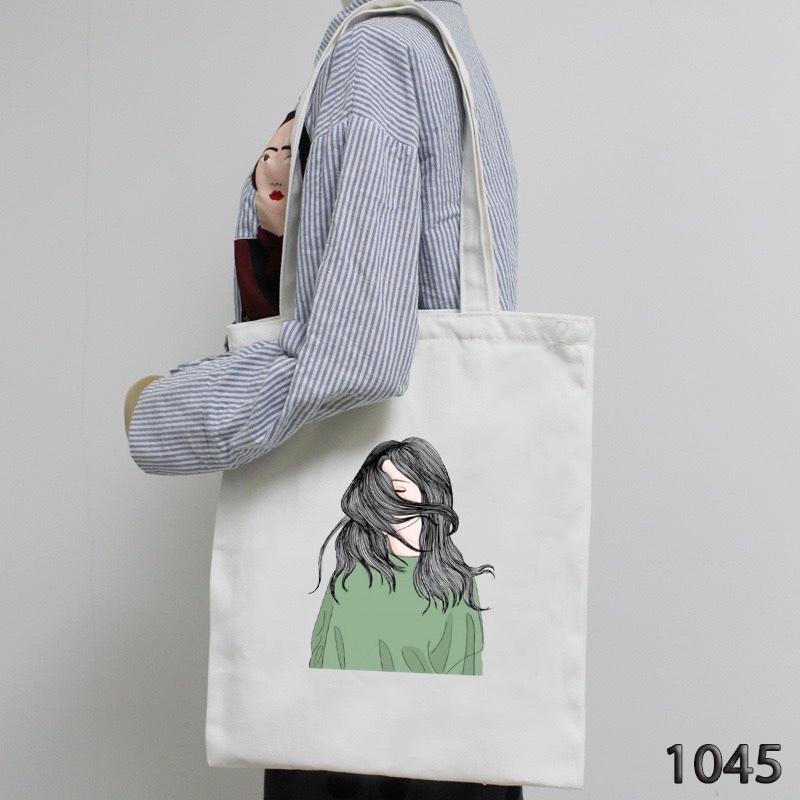 Túi Tote Vải Canvas Trắng Có Khóa Miệng Đựng Vừa A4 1045 Họa Tiết Sad Sister Hàng May Công Ty Chuẩn Đẹp