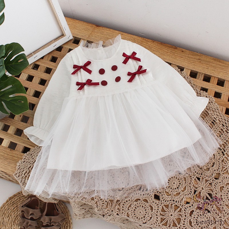 Váy Công Chúa Tay Dài Đính Nơ Đáng Yêu Cho Bé Gái