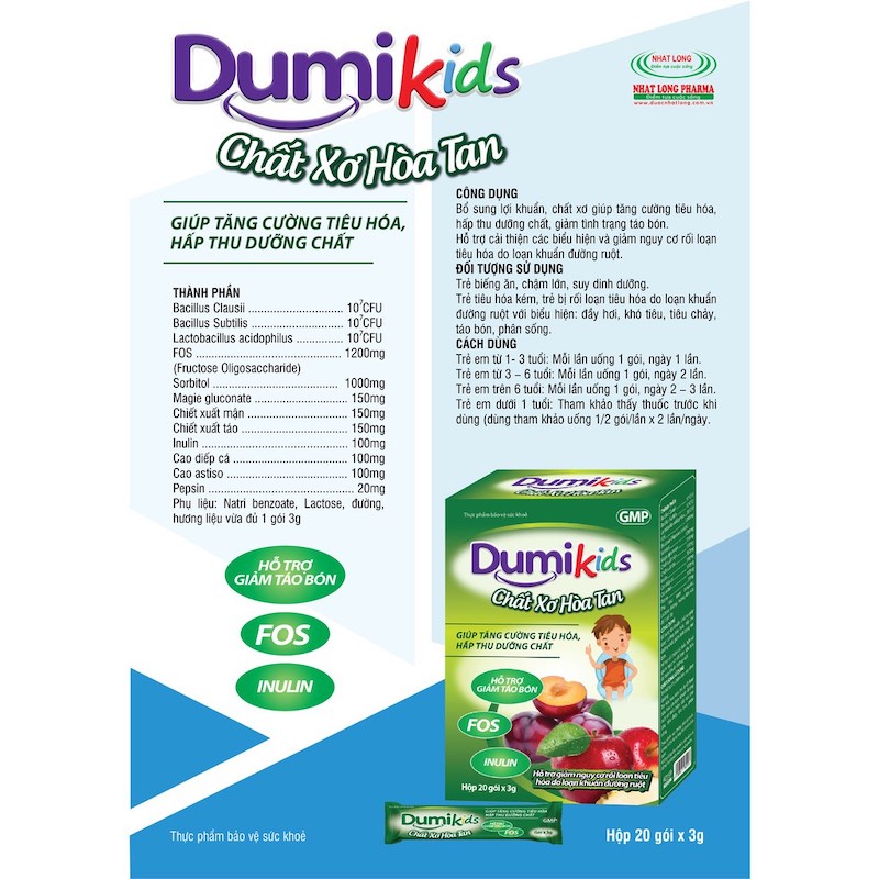 Chất xơ hoà tan DUMIKIDS -  bổ sung lợi khuẩn, giảm tình trạng táo bón, đầy hơi, khó tiêu Bacillus Clausii