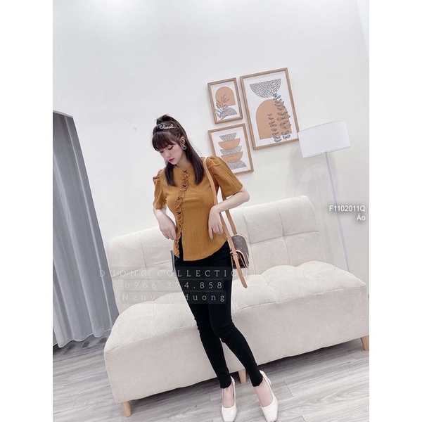 Áo kiểu phối viền bèo đính nơ xẻ lai trước cổ tròn tay ngắn a1102