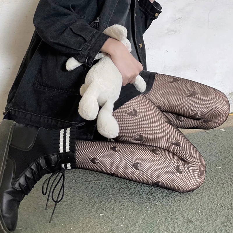 Xiangbao Quần Tất Lưới Họa Tiết Trái Tim Phong Cách Gothic Punk Harajuku Gợi Cảm Cho Nữ