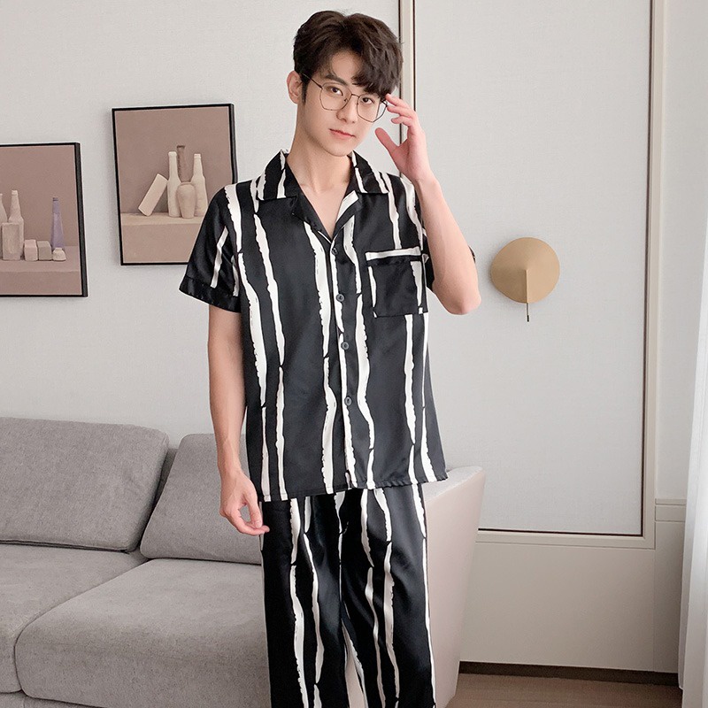 Bộ Đồ Ngủ Vải Lụa Satin Tay Ngắn Dáng Rộng Plus Size L-5XL Phong Cách Hàn Quốc Thời Trang Cho Nam