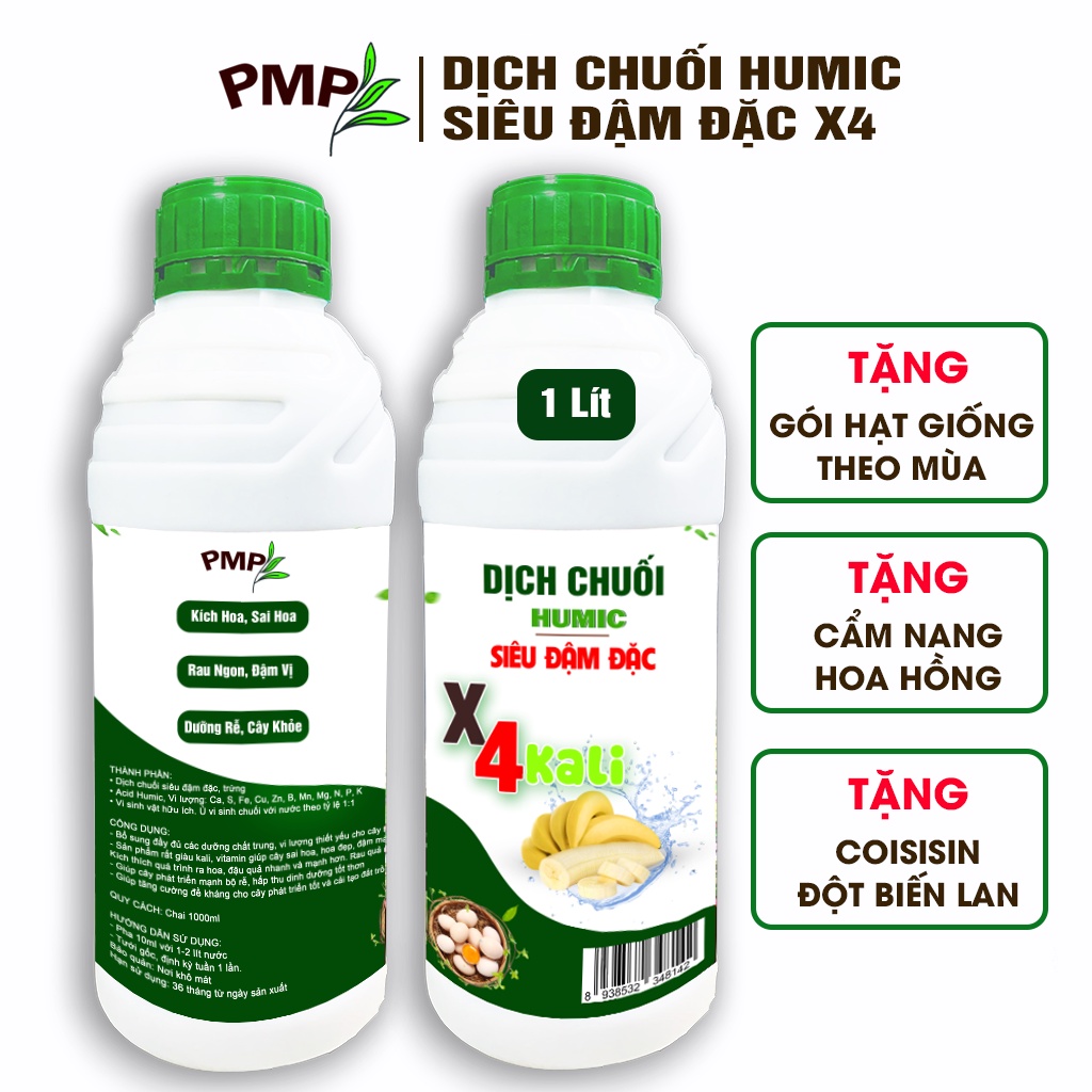 Combo 2 Chai Dịch Chuối Humic PMP Vi Sinh Chuyên Dùng Cho Hoa Hồng, Rau Sạch 1L/Chai