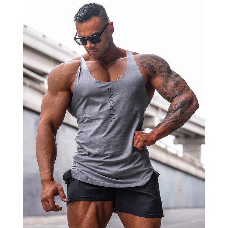 Áo ba lỗ nam tập gym STRONG Chữ Sọc Phối New