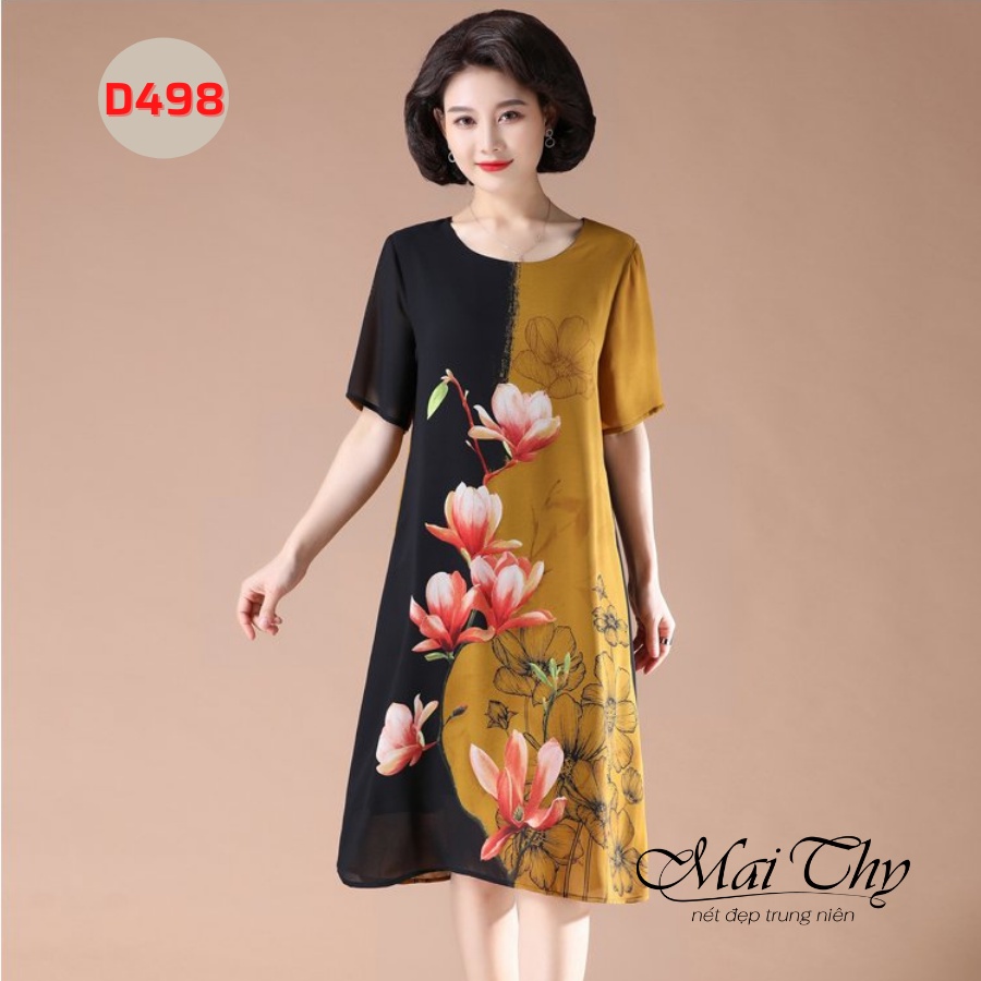 Váy Trung Niên MAI THY D498, Mẫu Đầm Hoa Cho Mẹ Đi Tiệc Cổ Tròn Tay Ngắn Thoải Mái Mát Mẻ | Thời Trang Trung Niên U40+