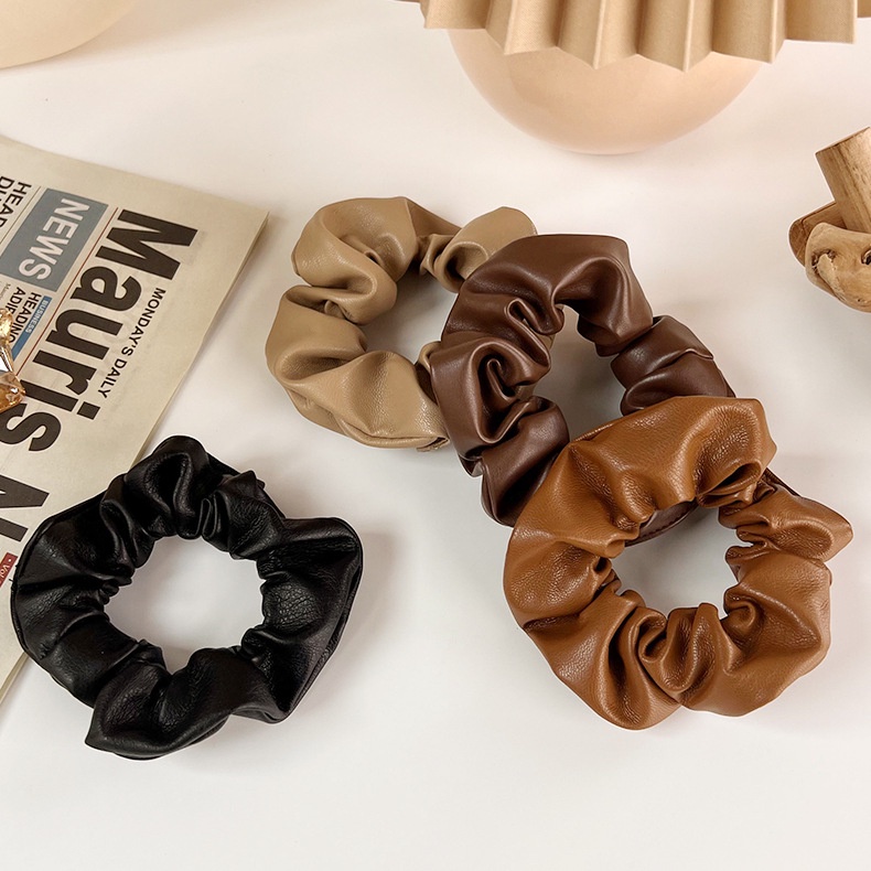 (0701) Chun Buộc Tóc Scrunchies Da Pu Cổ Điển Hàn Quốc