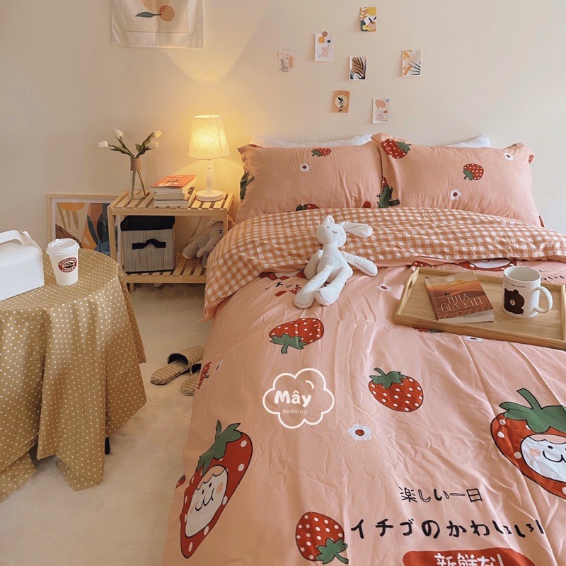 Bộ chăn ga gối Cotton Poly màu hồng hoạ tiết trái dâu MÂY BEDDING đủ kích thước nệm