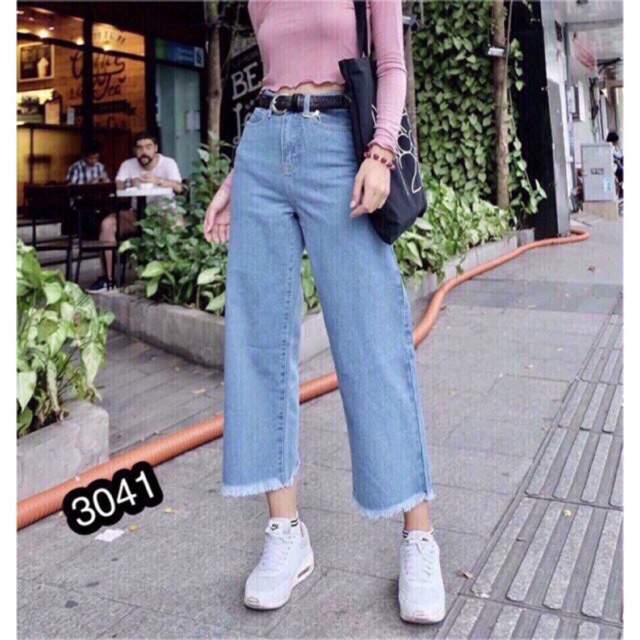 Quần bò ống rộng denim tua gấu