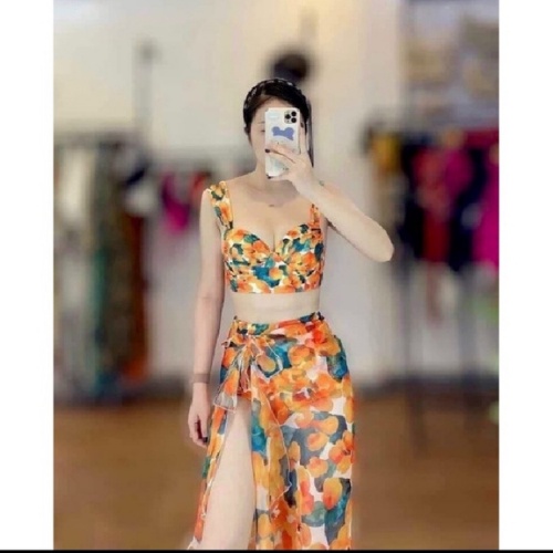 Sét bikini đi biển họa tiết hoa cam kèm khăn KONKUN MS115
