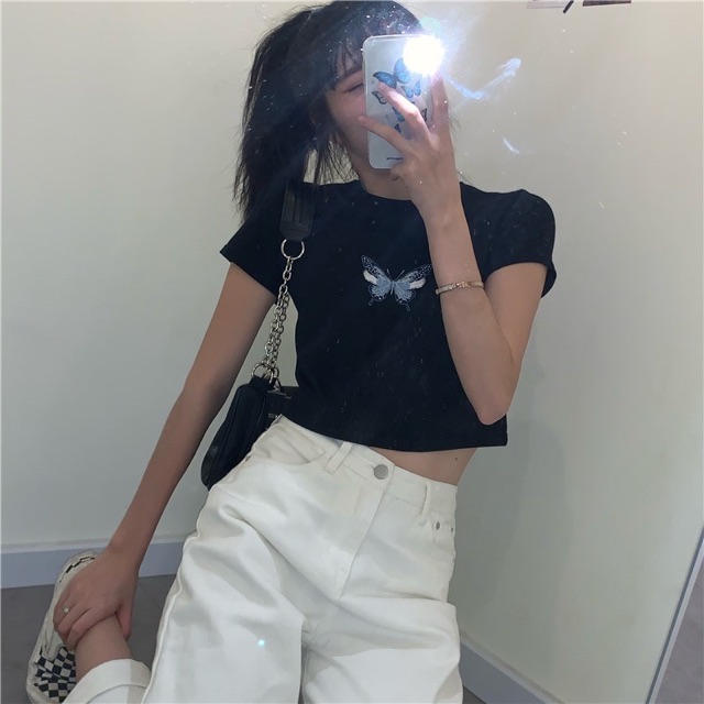 Áo croptop cộc tay, áo thêu bướm dưới 55kg LuxxyStore