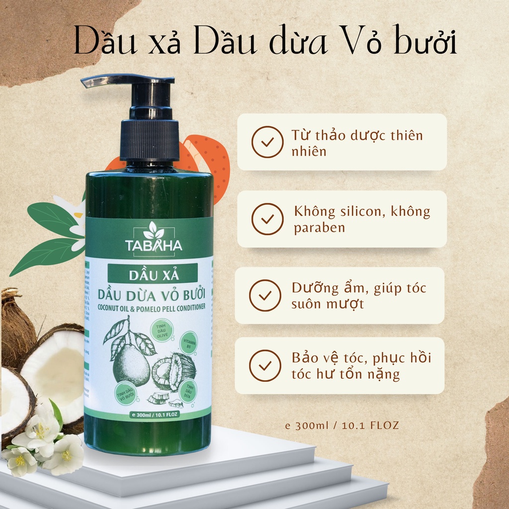 Dầu Xả Dầu Dừa Vỏ Bưởi Tabaha 300ml dưỡng ẩm, phục hồi giúp tóc chắc khỏe