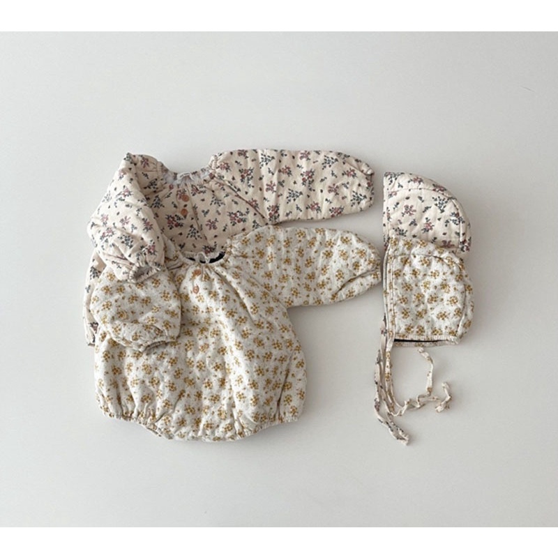 Ins Hot Sale Kids Girls Floral Thicken Romper +Hat