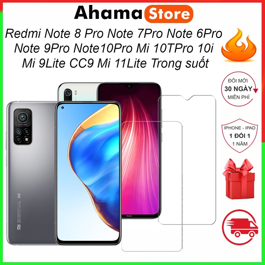 Cường lực Redmi Note 8 Pro Note 7Pro Note 6Pro Note 9Pro Note10Pro Mi 10TPro 10i Mi 9Lite CC9 Mi 11Lite Trong Suốt