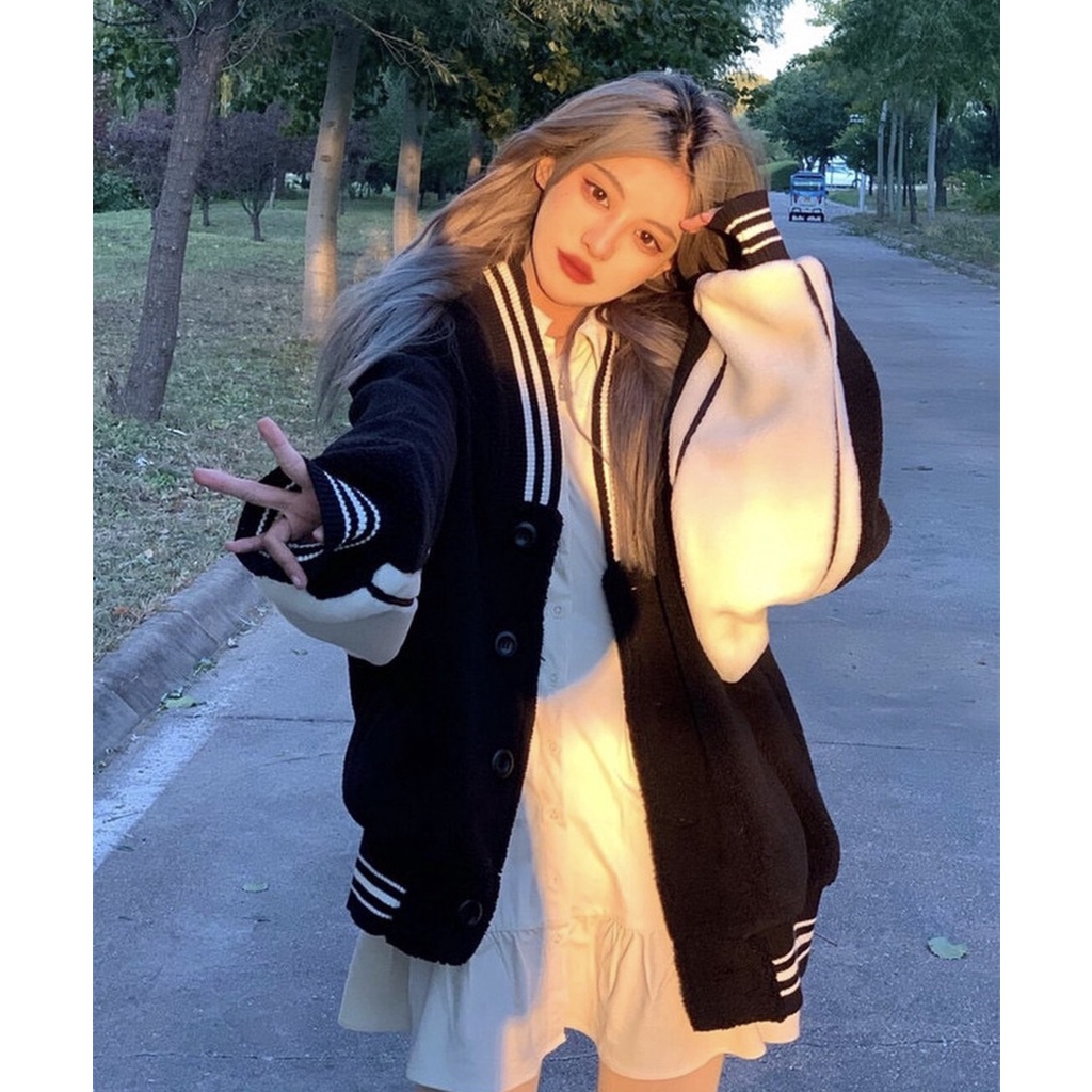 Áo bomber bóng chày nỉ phối dạ pha da - Khoác sweater cổ viền trễ tay bo phối màu đen trắng cá tính vintage