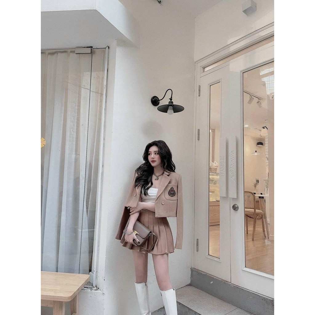 Set 3 món xịn áo thun bozip chân váy xếp ly kèm áo khoát croptop