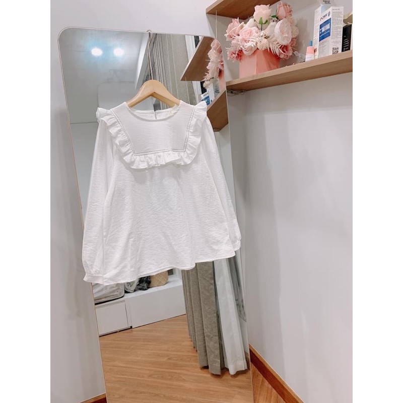 Áo sơ mi cách điệu đũi xước cổ tròn viền bèo No 03 (hình thật/ hàng có sẵn)