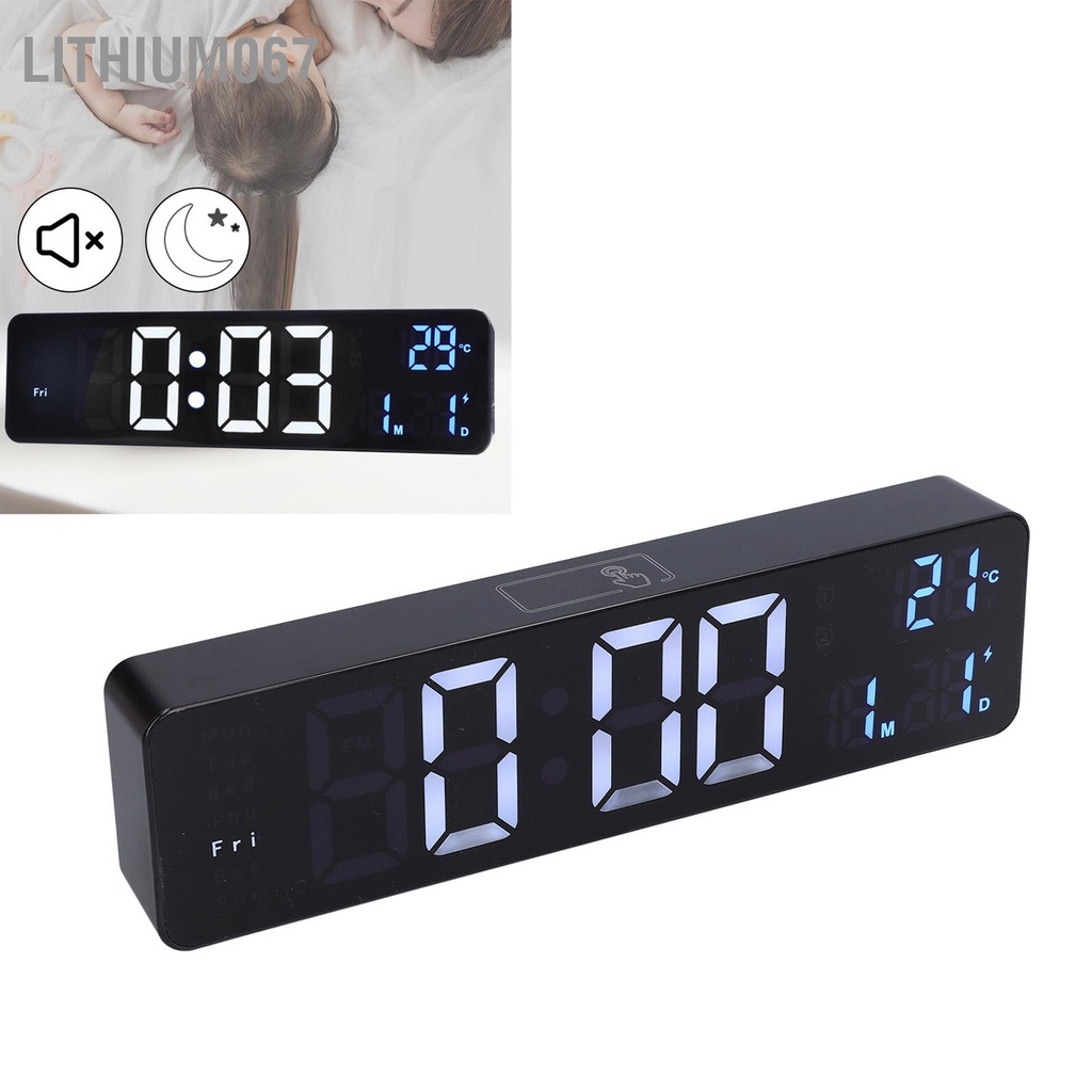 Lithium067 Đồng hồ báo thức Màn hình LED đen đơn giản gương kỹ thuật số với nhiệt độ cáp USB cho Phòng ngủ Văn phòng Trường học