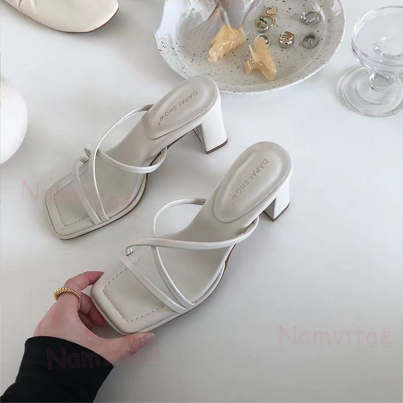 Xăng đan Cao Gót Mũi Vuông Hở Ngón Phong Cách Retro Thời Trang Cho Nữ