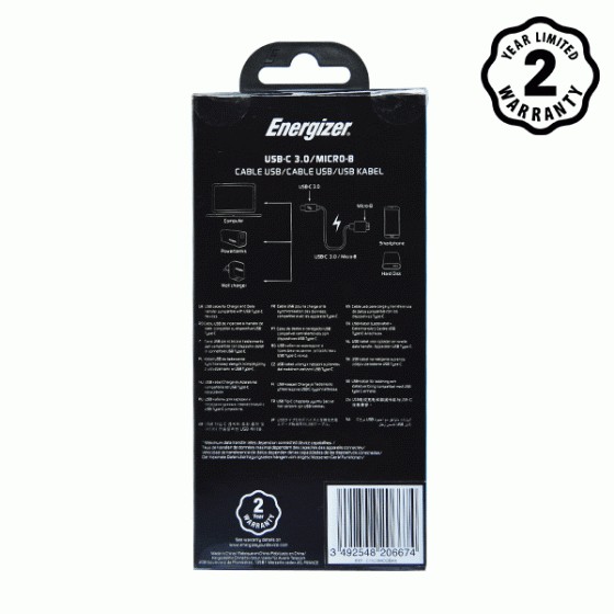 [Mã 2404EL10K giảm 10K đơn 20K] Cáp Type-C 3.0 to Cáp Micro-B Energizer 1.2m màu đen - C11C3MCGBK4