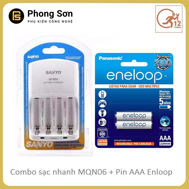 Combo Sạc Pin AA/AAA MQN06 Sanyo , Sạc nhanh, Tự ngắt + Pin Sạc AAA Eneloop