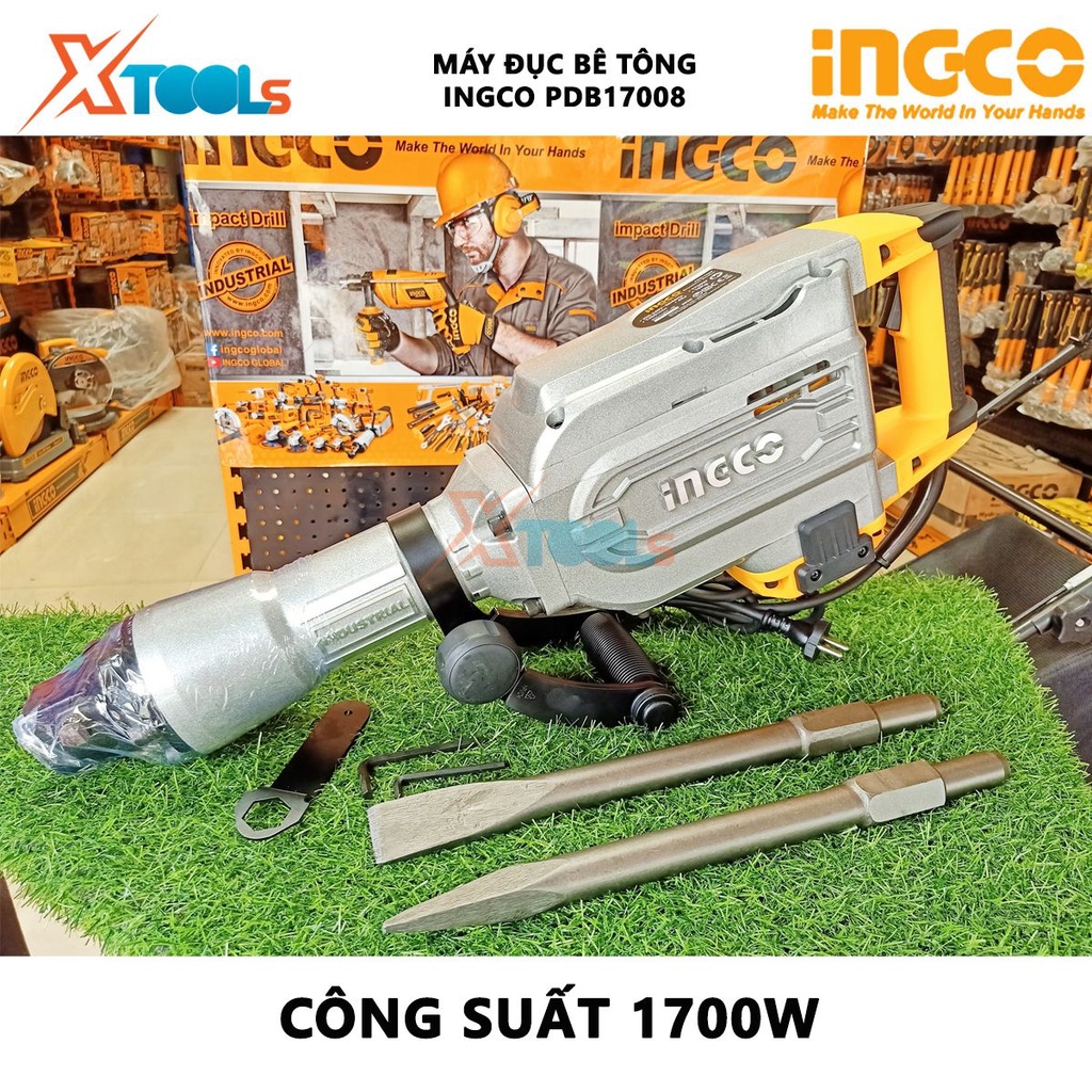 Máy đục bê tông INGCO PDB17008 | Máy khoan đục 1700W, Tốc độ đập 1400 lần/phút, Lực đập 50J, Đầu cặp SDS Hex, khoan đục