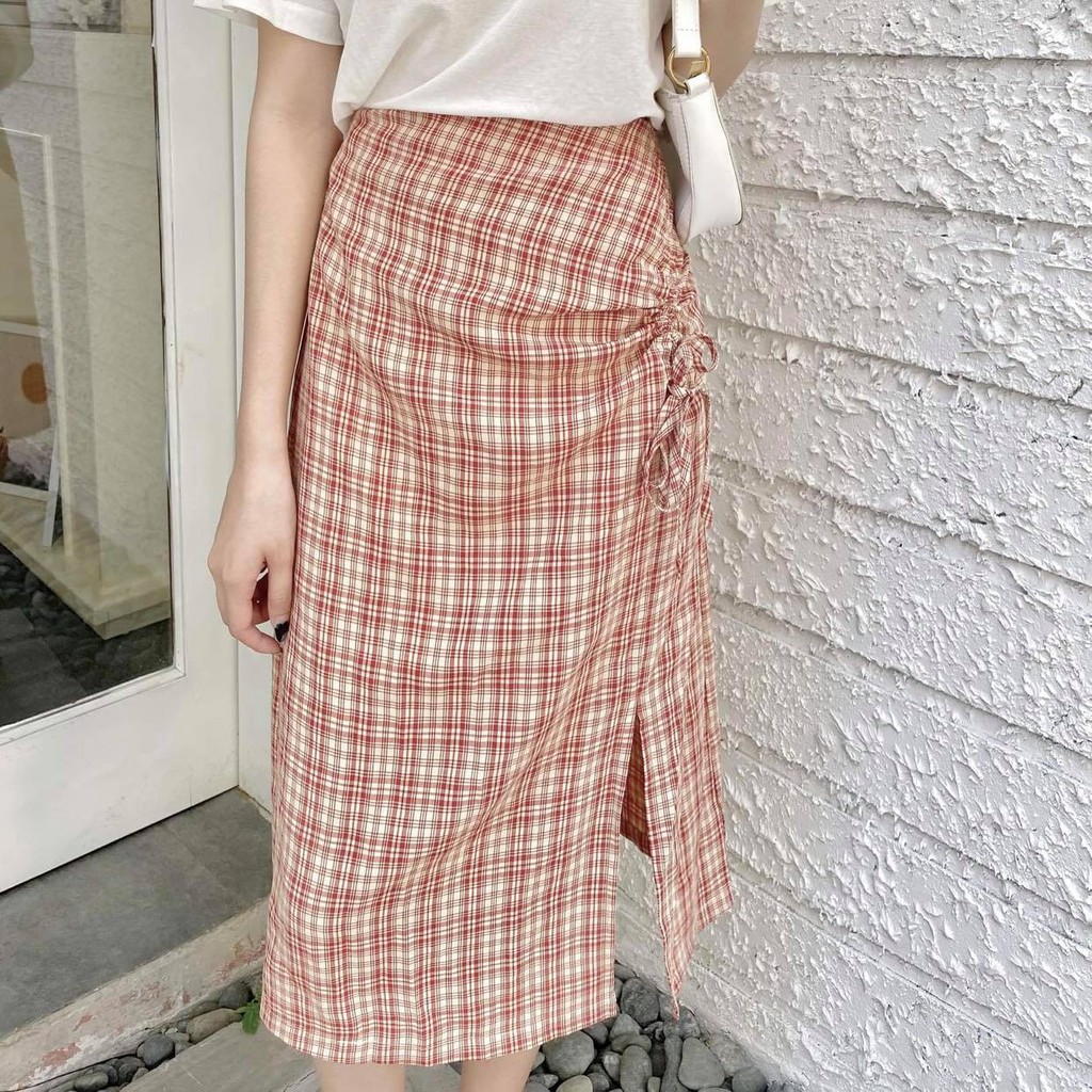Chân váy xẻ dài nữ MADELEN màu kẻ phối rút nhún cá tính
