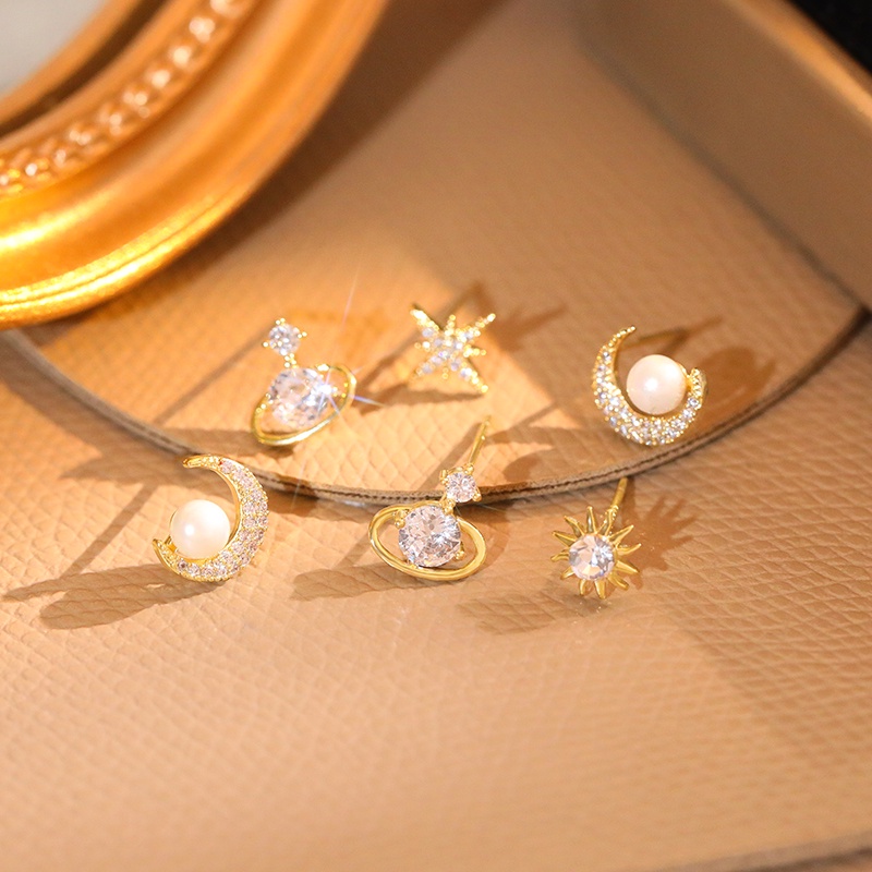 Set 6 khuyên tai JIUDUOLAN thiết kế mặt trăng ngôi sao đính đá nhân tạo nhỏ thời trang lấp lánh đơn giản dành cho nữ