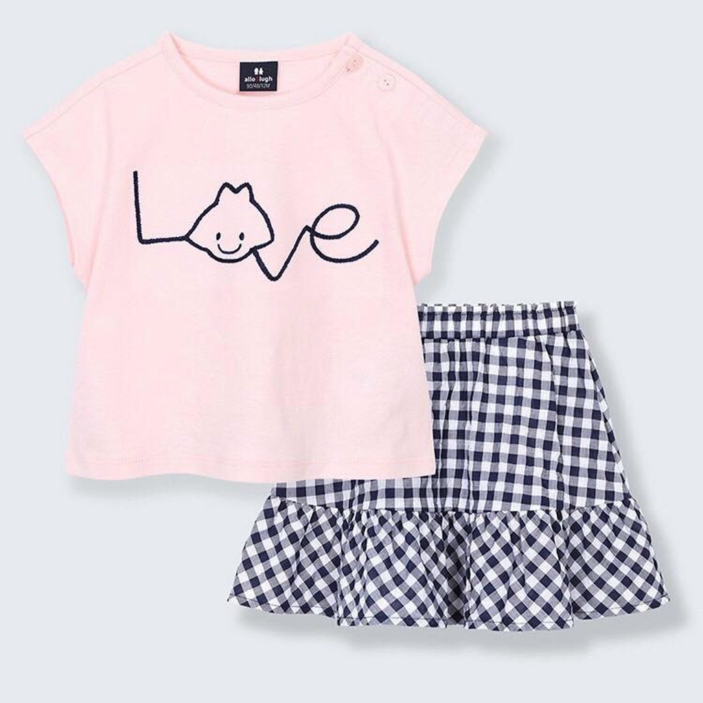 Bộ alfonso áo cotton hồng chữ Love - chân váy thô caro trắng đen