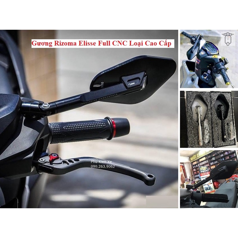 Kính Rizomaa Elisse CNC Nguyên Khối FullBox Loại Cao Cấp Xoay 360o Gắn Vespa Honda Yamaha