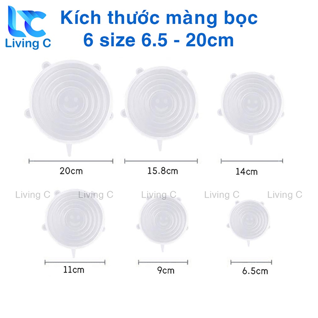 Bộ 6 nắp bọc thực phẩm Living C, màng bọc thực phẩm Silicon co dãn chịu nhiệt đậy chén bát đa năng _B79