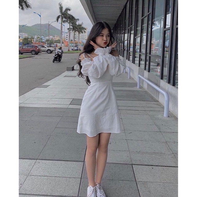 [RẺ VÔ ĐỊCH Váy Đầm Nữ Trắng Tinh Khôi Hai Dây Tay Phồng Màu Trắng