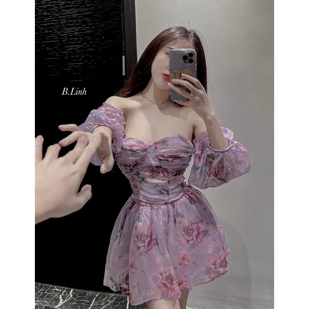 Set áo tơ hoa cup ngực + chân váy xoè