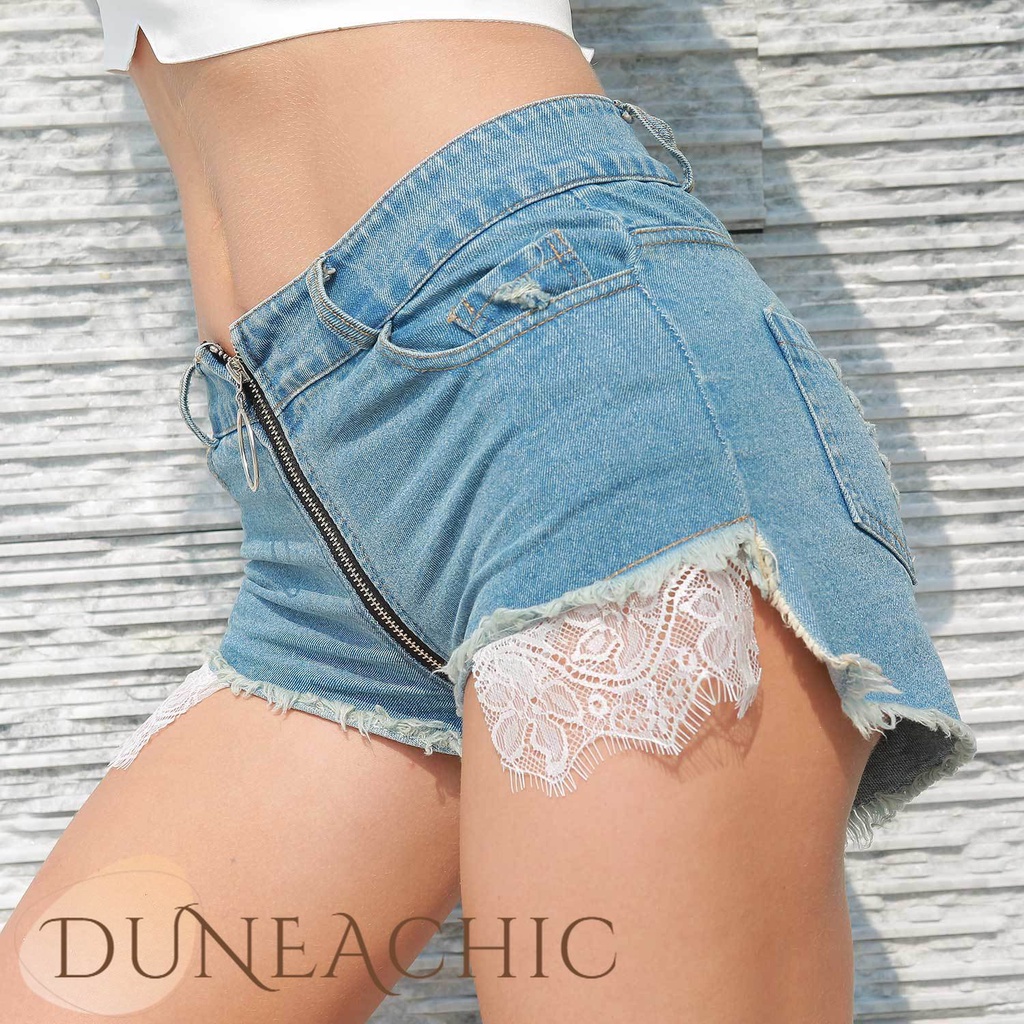 DUNEA Quần Short Denim Lưng Cao Thiết Kế Xẻ Rách Phong Cách Quyến Rũ