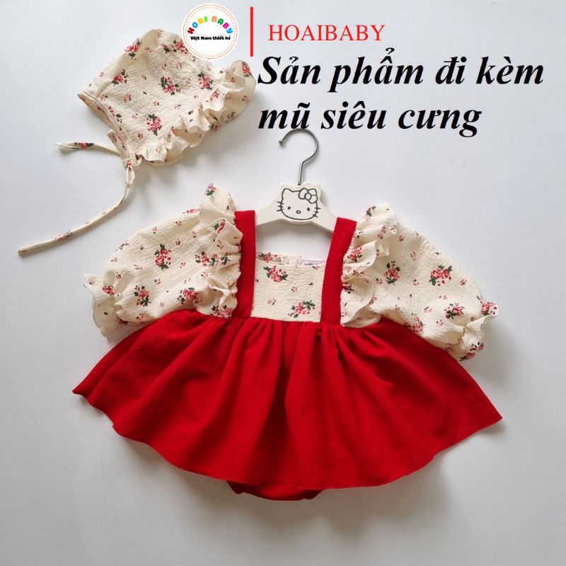 Bodysuit váy xòe hoa nhí dài tay cho bé gái, màu đỏ phối be, tùng váy siêu bồng bềnh từ sơ sinh đến 12 kg