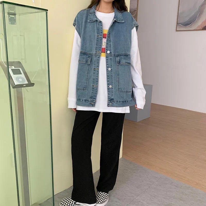 Áo Khoác Jeans Áo Gile Bò Unisex Không Tay Màu Xanh Và Đen Dáng Suông Cài Cúc Cổ Sơ Mi Chất Loại 1 Phong Cách Ulzzang
