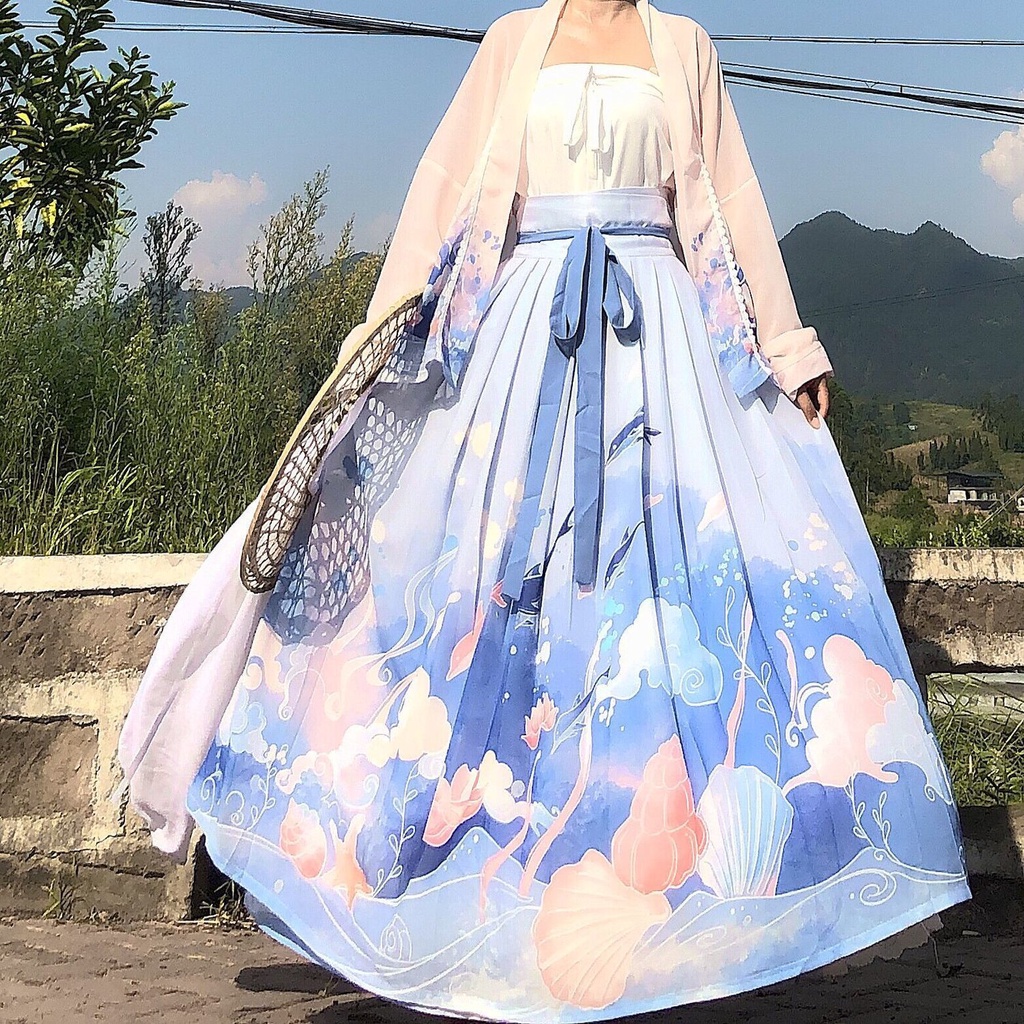 Váy Xếp Ly Mỏng Ngắn Tay Phong Cách Hanfu Cá Tính Qian Wanju 07.15