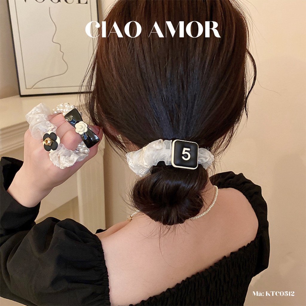 Cột tóc nữ, Chun tóc dây hạt vải đen hoa trắng sữa Trang sức Ciao Amor - KTC0512