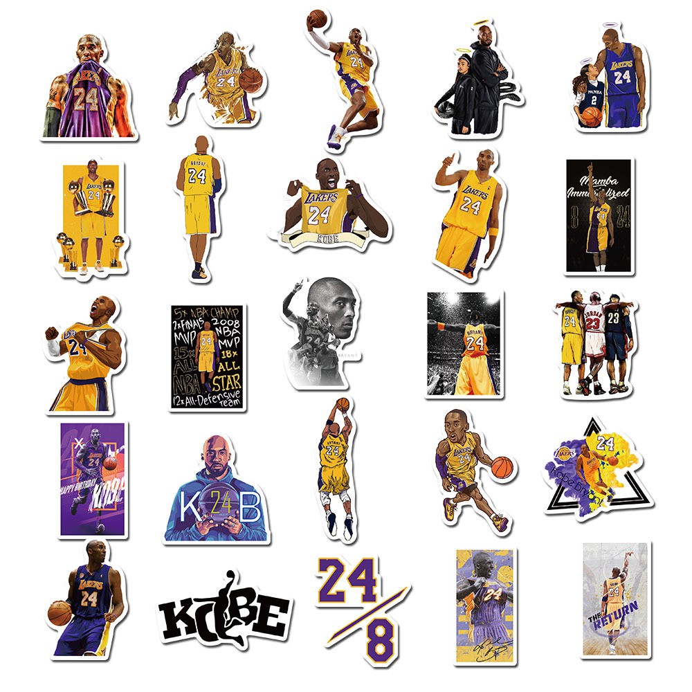 Sticker NBA Bóng Rổ, Bóng Đá Set 50  Hình Kobe Bryant Decal Dán Điện Thoại Laptop Sổ Xe Tường Mũ Bảo Hiểm Bình Nước