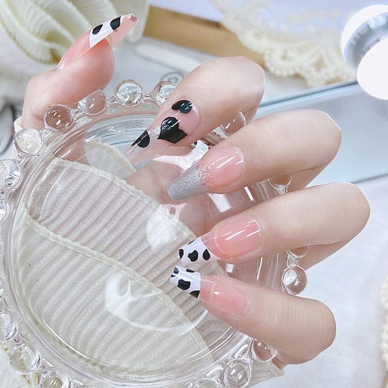 Time * Móng Tay Giả Dạng Nhấn Tháo Rời Được In Họa Tiết Bò Sữa Trái Tim Kiểu Pháp