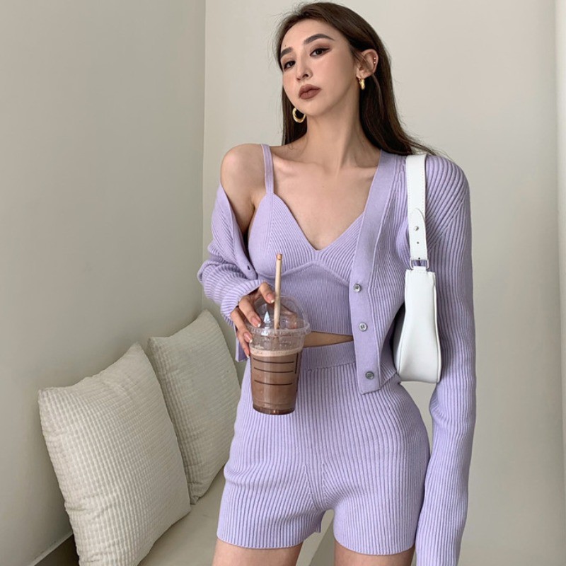 Set áo hai dây + quần short len thời trang